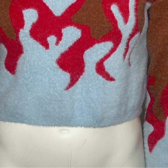 Adele B. Women's Flame Crop Sweater Size Large Fuzzy Blue Red Brown - Picture 15 of 16